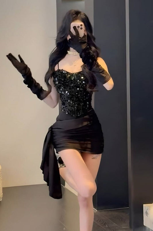 Sequin Corset Satin Mini Dress with Side Drape