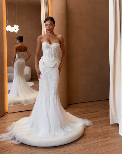 Beaded Strapless Mermaid Wedding Dress with Train