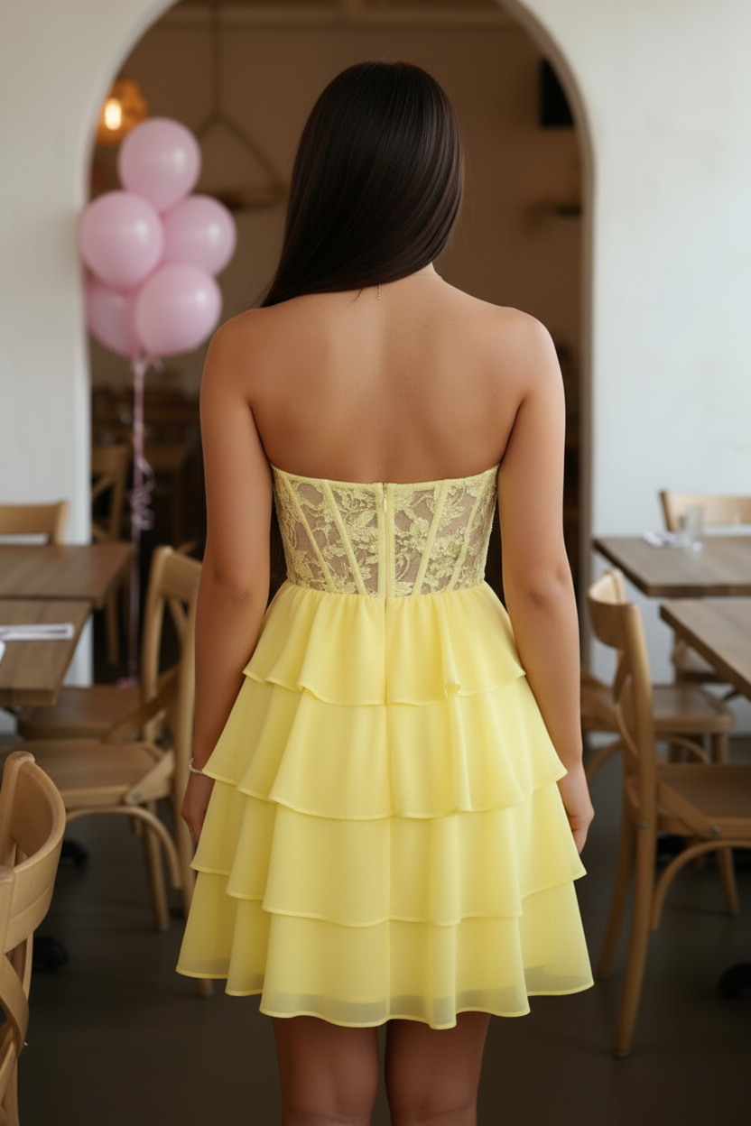 Strapless Lace Corset Tiered Homecoming Dress