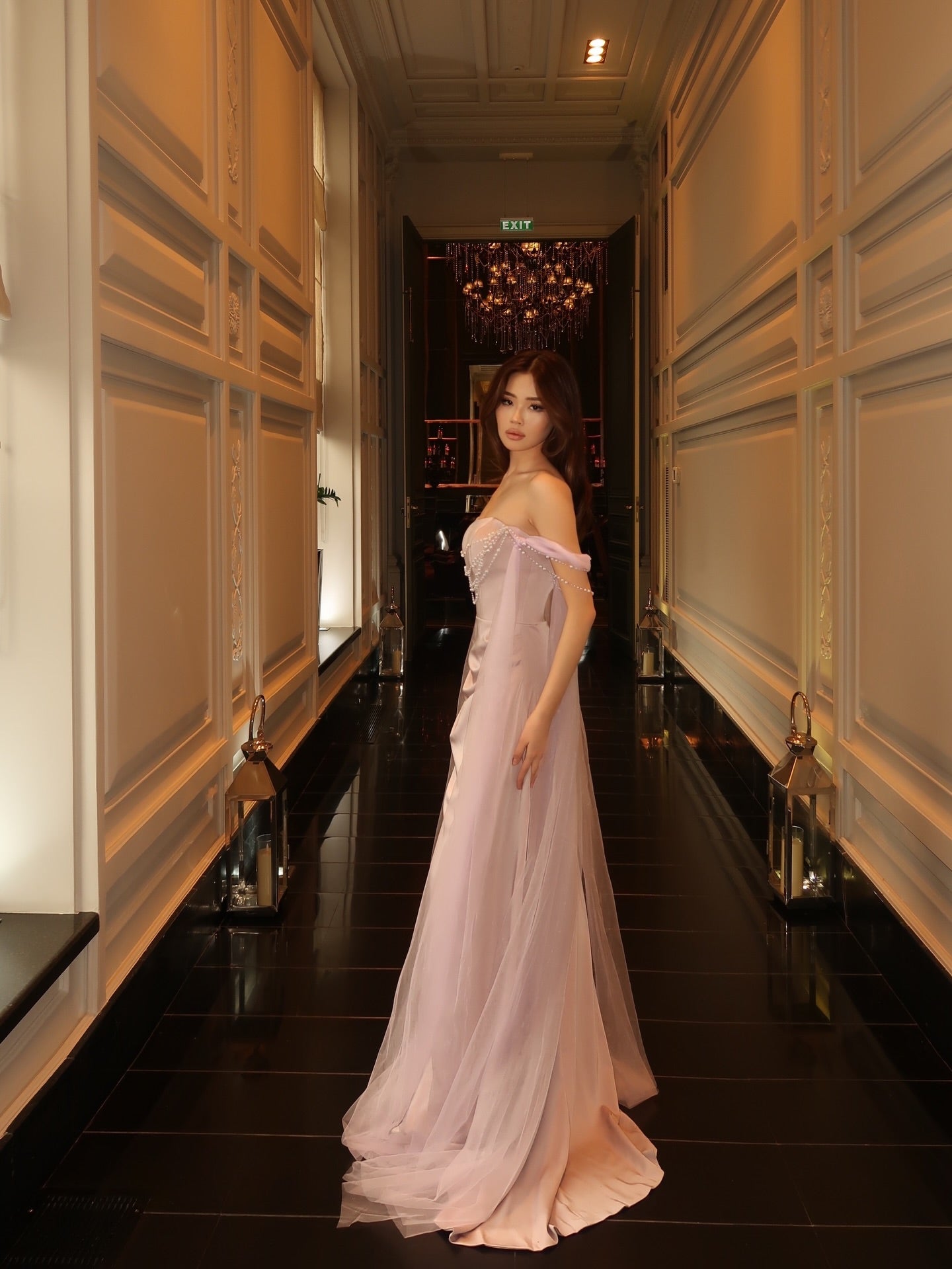 Off-the-Shoulder Satin Gown with Pearl Beading