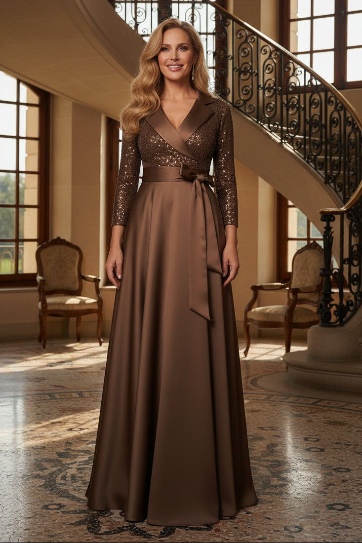 Sequin Lapel Collar A-Line Evening Gown with Tie Waist