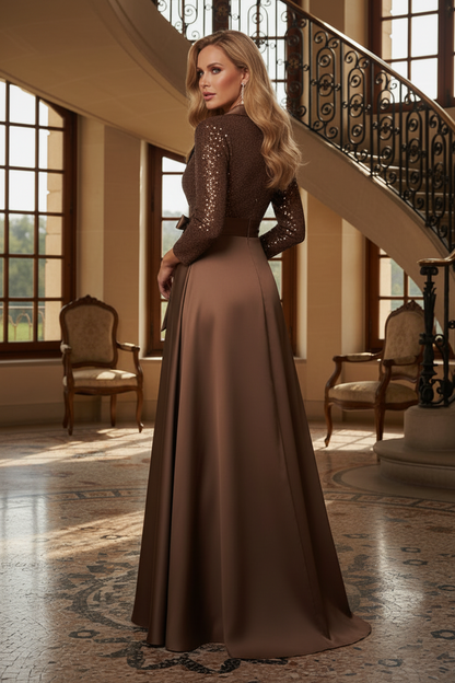 Sequin Lapel Collar A-Line Evening Gown with Tie Waist