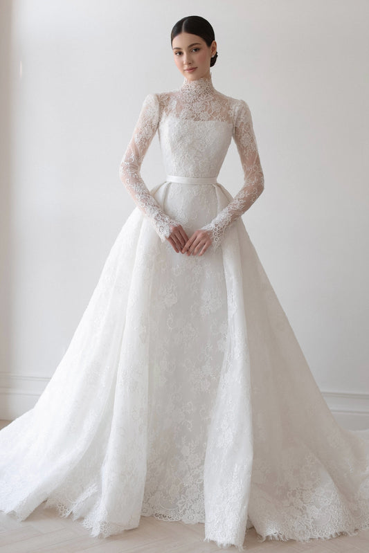 Romantic Lace High Neck Ball Gown Wedding Dress