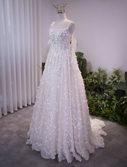 3D Floral Applique A-Line Wedding Gown