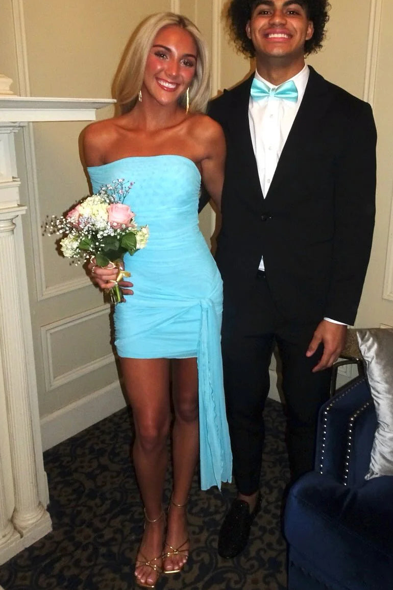 Strapless Ruched Mini Dress with Side Draping