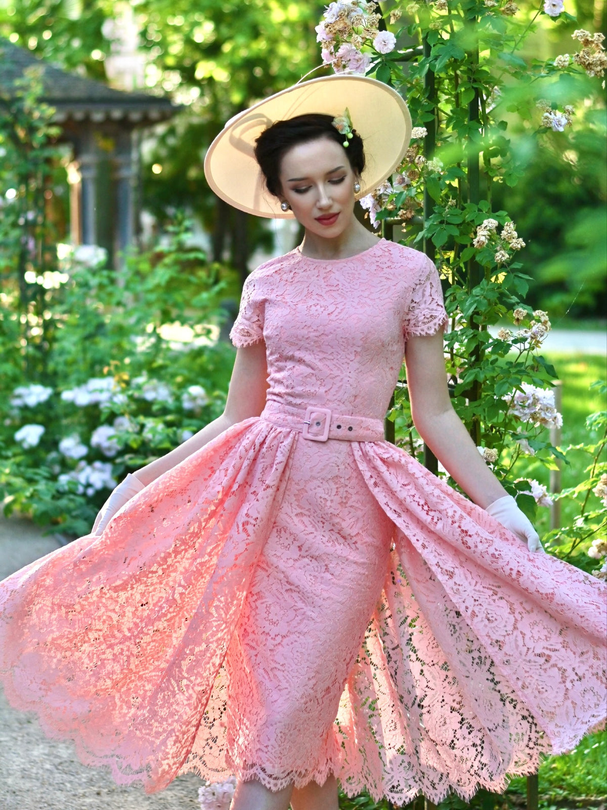 Belted Lace Midi Dress with Short Sleeves