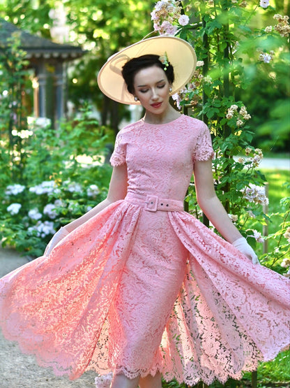 Belted Lace Midi Dress with Short Sleeves
