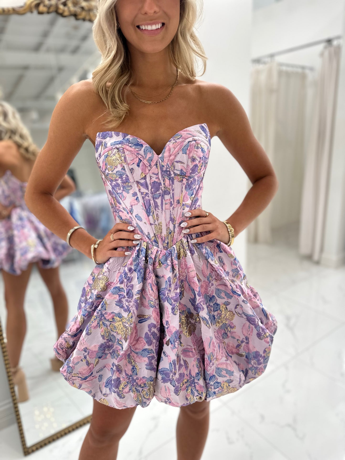 Strapless Floral Jacquard Corset Bubble Mini Dress