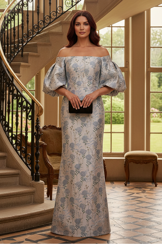 Floral Jacquard Off-the-Shoulder Evening Gown
