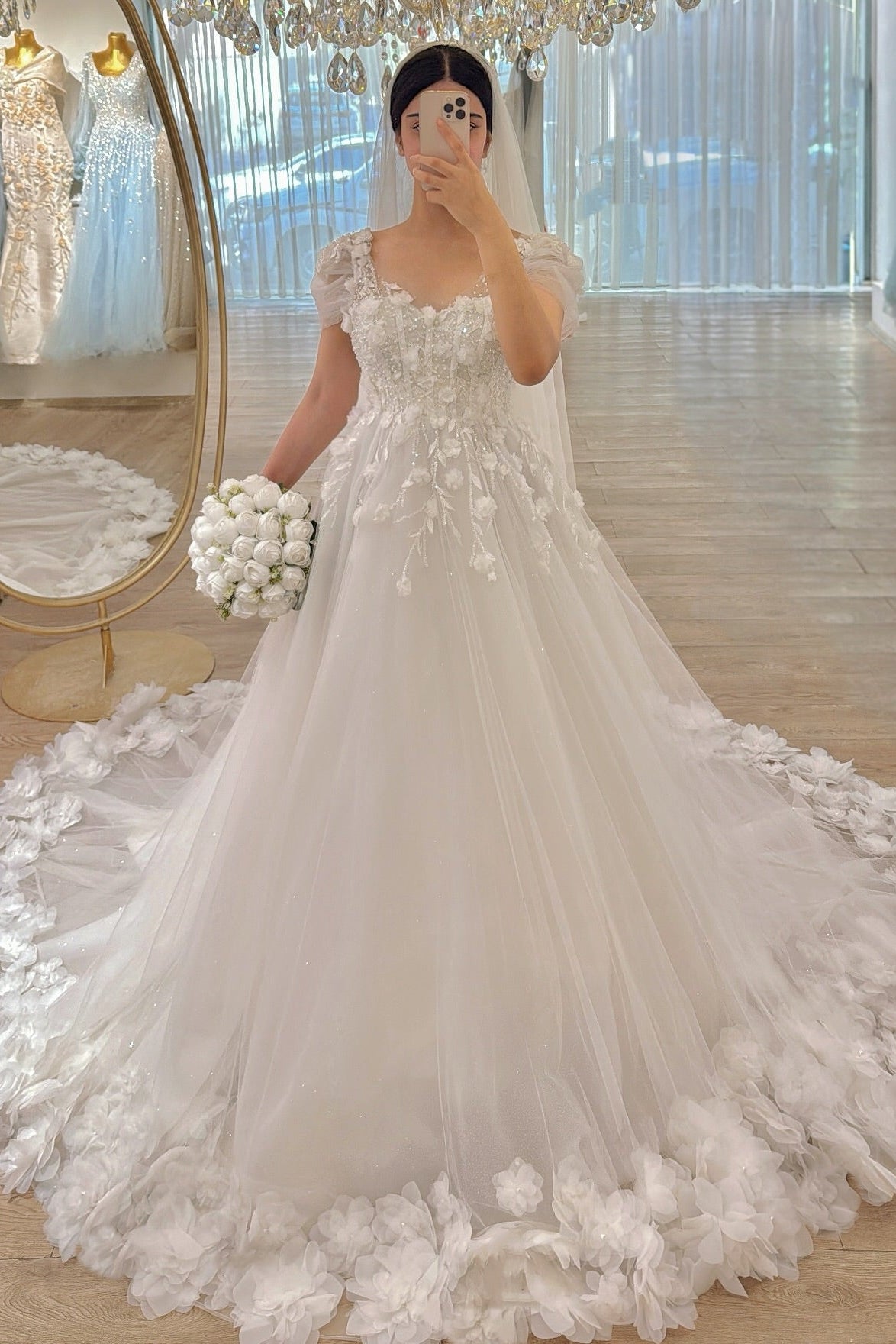 3D Floral Applique Tulle A-Line Wedding Dress