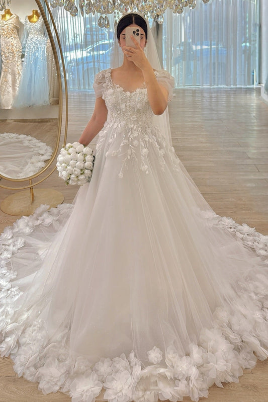 3D Floral Applique Tulle A-Line Wedding Dress