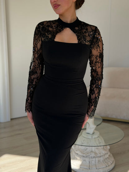 Lace-Yoke Long Sleeve Mermaid Evening Gown