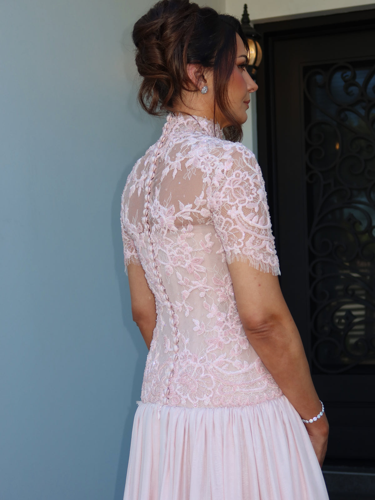 High Neck Lace Bodice Gown with Short Sleeves