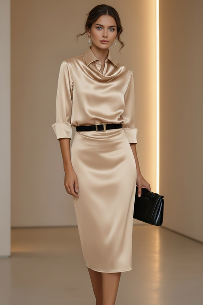 Satin Belted Shirt Dress with Cowl Neck & Back Slit