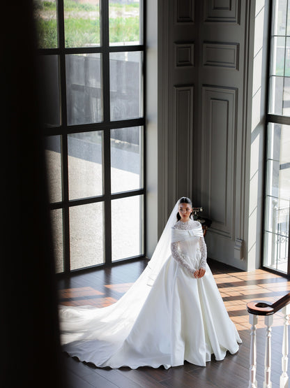 Lace High-Neck Ball Gown Wedding Dress with Train