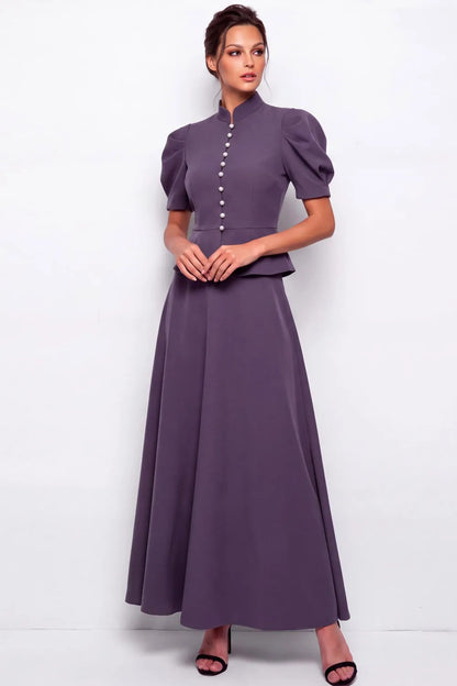 Puff Sleeve Peplum Maxi Dress with Faux Pearls