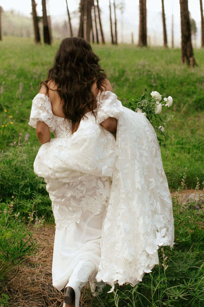 Off-the-Shoulder Lace A-Line Wedding Dress with Slit