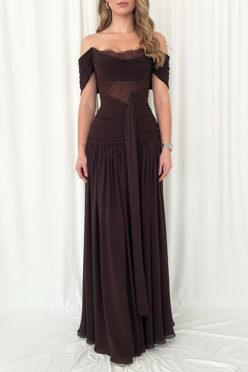 Lace Inset Off-the-Shoulder Ruched Gown