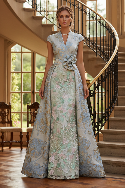 Jacquard Evening Gown with Embroidered Sheath Skirt