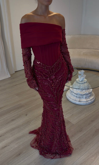 Off-Shoulder Corset Mermaid Gown with Beading
