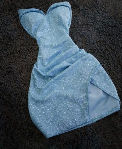 Strapless Sweetheart Ruched Glitter Mini Dress