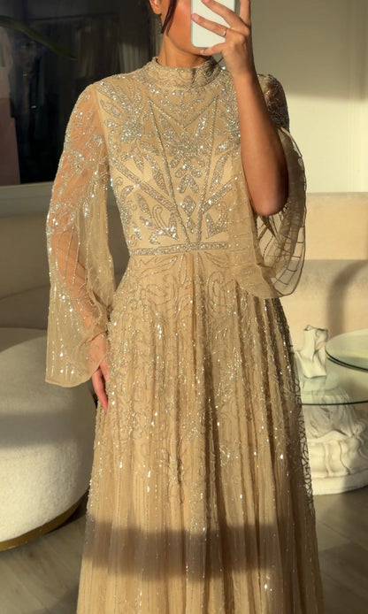 High Neck Sequin Embellished Long Sleeve Gown