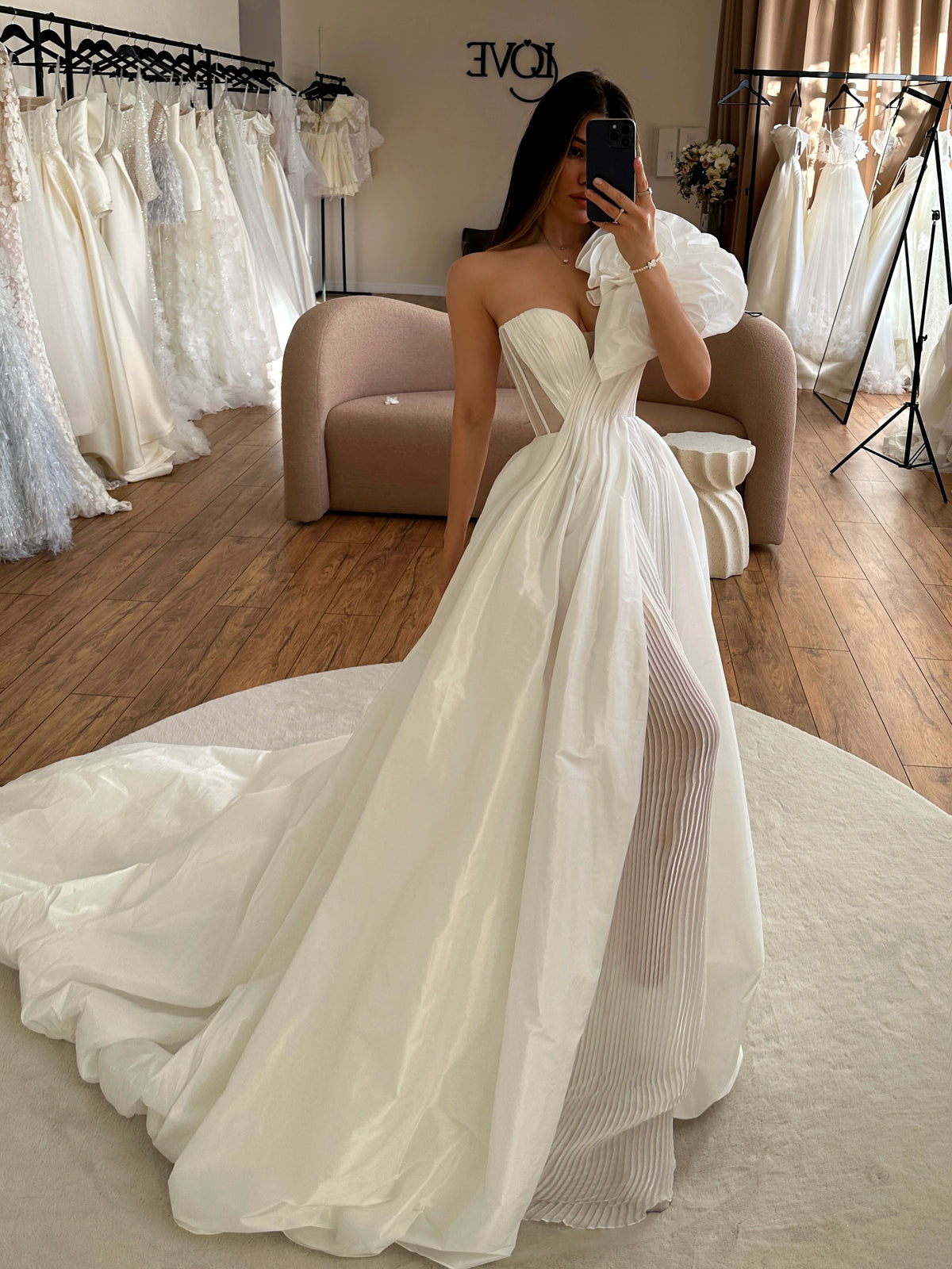 Pleated One-Shoulder Ball Gown Wedding Dress
