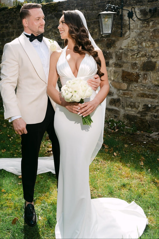 Plunging V-Neck Mermaid Wedding Gown with Sweep Train