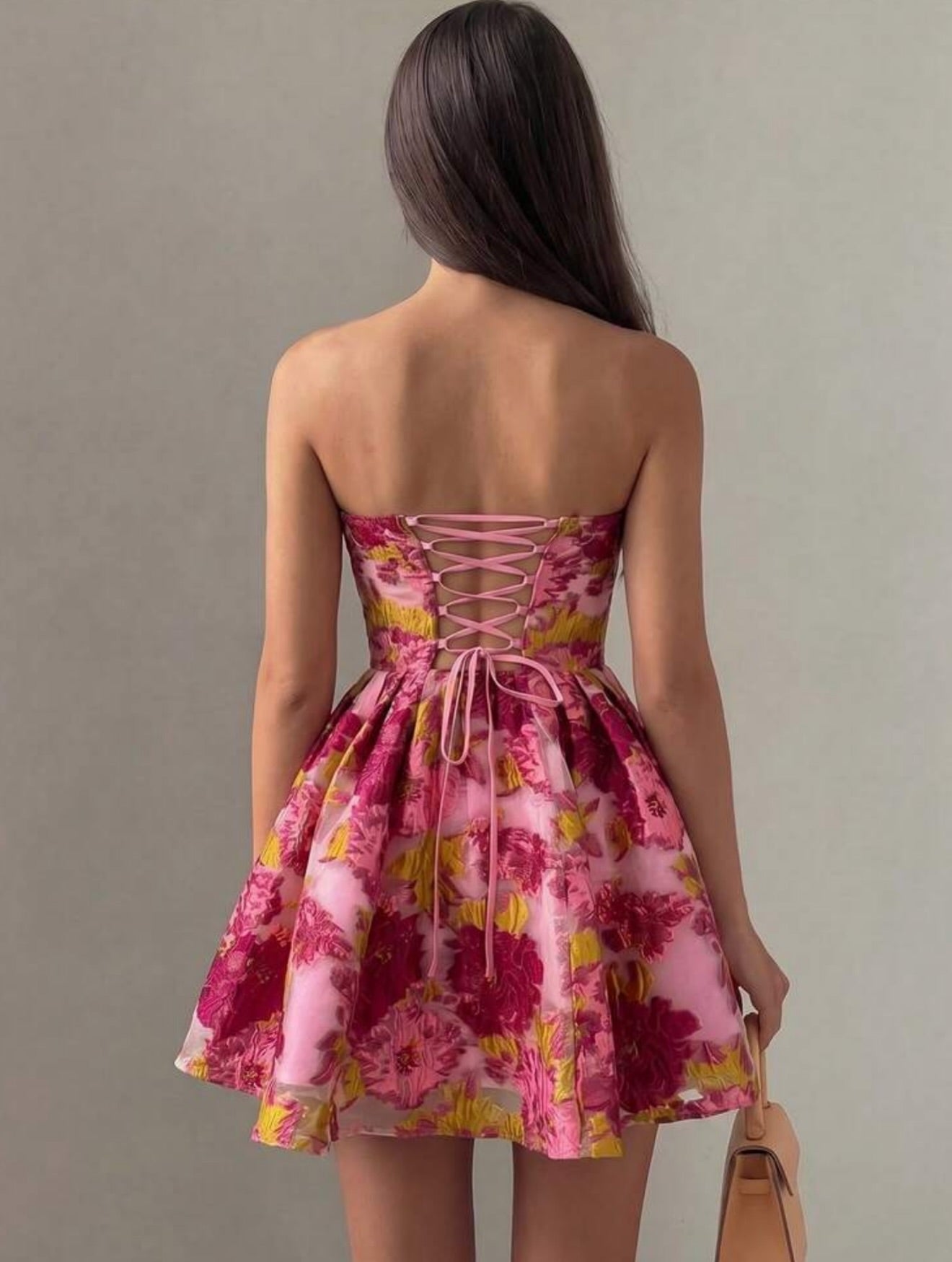 Strapless Floral Jacquard Mini Dress with Lace-Up Back