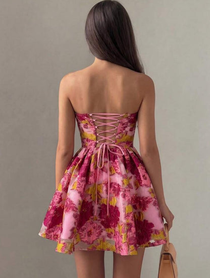 Strapless Floral Jacquard Mini Dress with Lace-Up Back