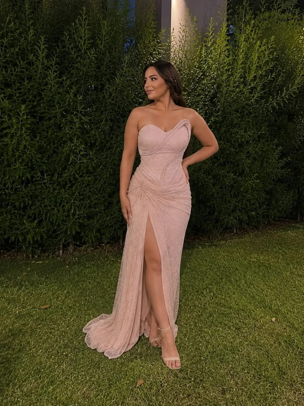 Strapless Ruched Maxi Gown with High Slit