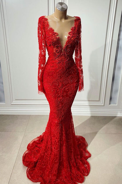 Deep V-Neck Mermaid Lace Gown with Long Sleeves