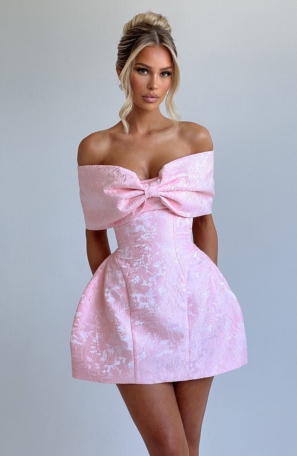 Off-the-Shoulder Bowknot Jacquard Mini Dress