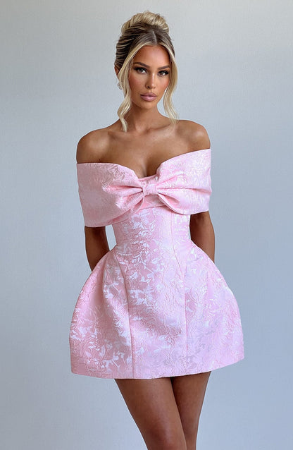 Off-the-Shoulder Bowknot Jacquard Mini Dress