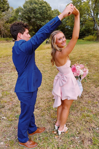 Strapless Pearl-Trimmed Mini Dress with Statement Bow