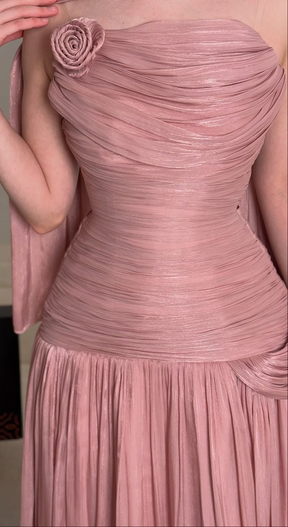 Ruched Drop-Waist Gown with Matching Neck Scarf