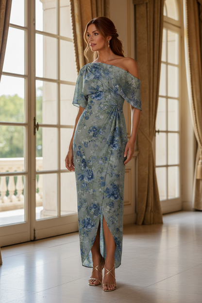 One-Shoulder Floral Print Sheath Maxi Dress