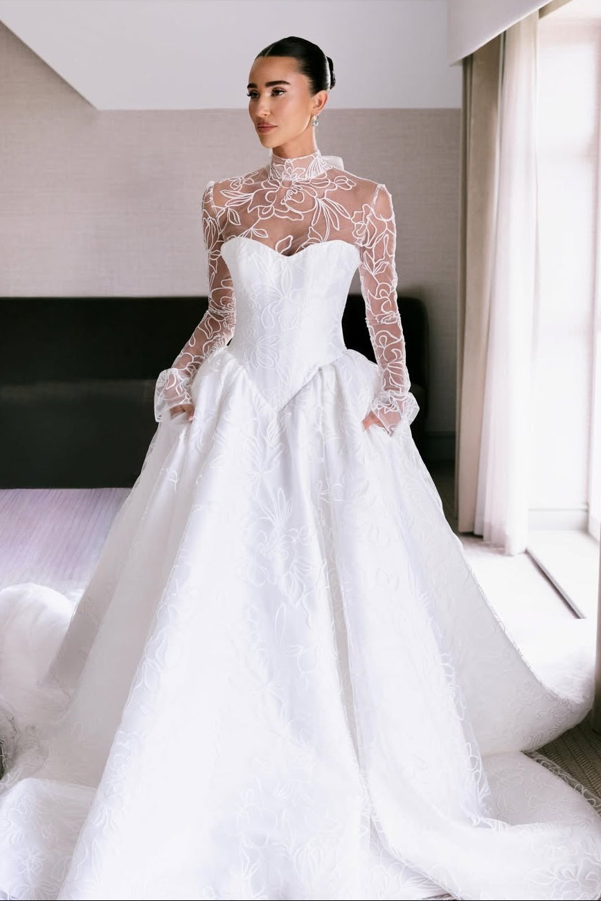 Embroidered High-Neck Ball Gown Wedding Dress with Pockets