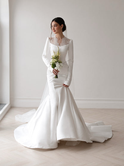 Long Sleeve Mermaid Wedding Dress with Lace Inset