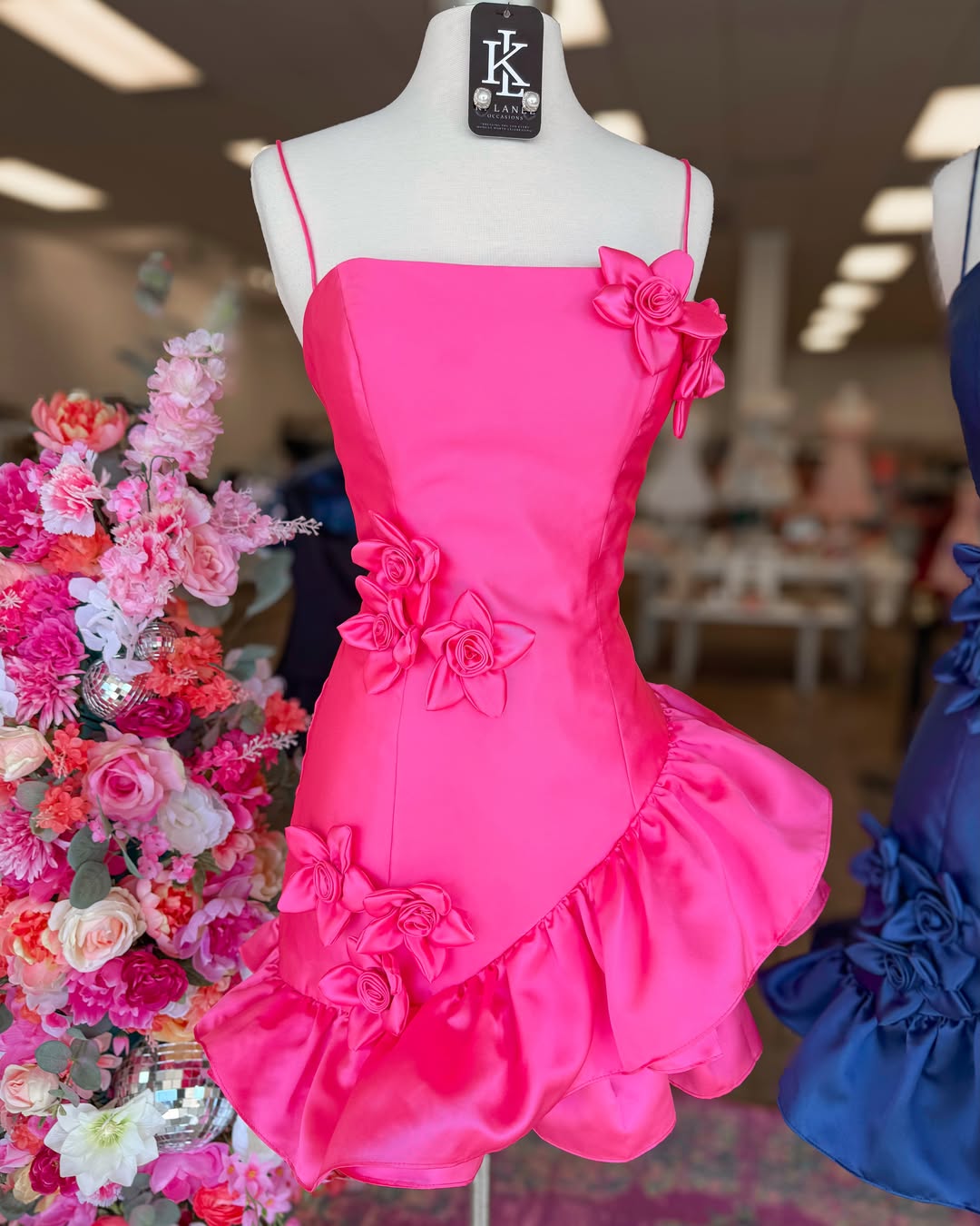 Satin Mini Dress with 3D Flowers & Ruffle Hem