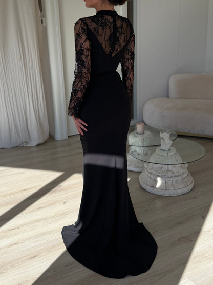 Lace-Yoke Long Sleeve Mermaid Evening Gown