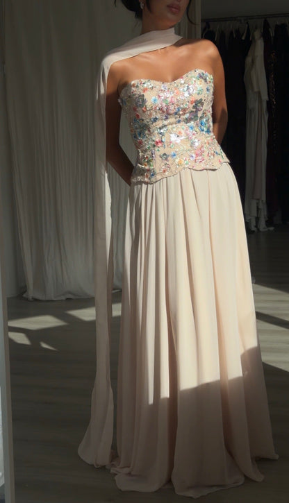 Floral Sequin Corset Evening Gown with Scarf