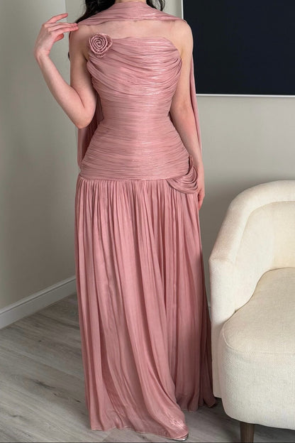 Ruched Drop-Waist Gown with Matching Neck Scarf