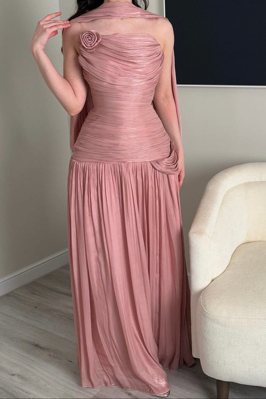 Ruched Drop-Waist Gown with Matching Neck Scarf