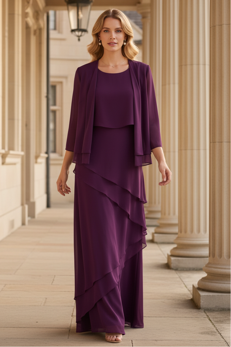 Elegant Tiered Chiffon Gown with Jacket