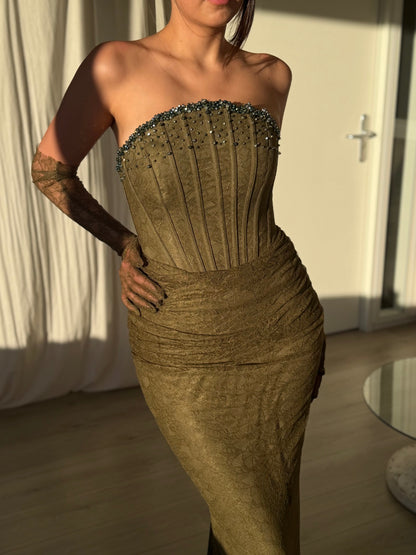 Strapless Lace Corset Evening Gown with Gloves