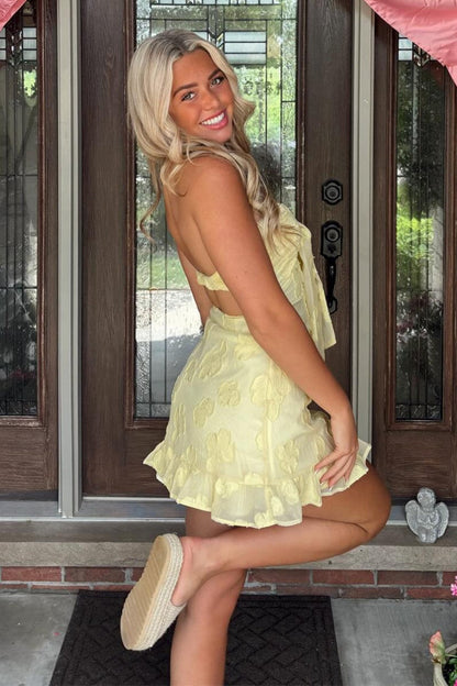 Strapless Floral Textured Mini Dress with Tie Front
