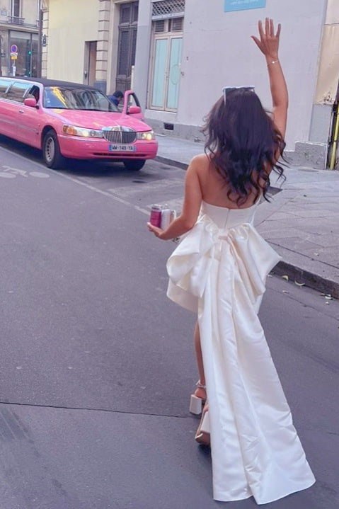 Strapless Ruched Mini Dress with Statement Bow Train