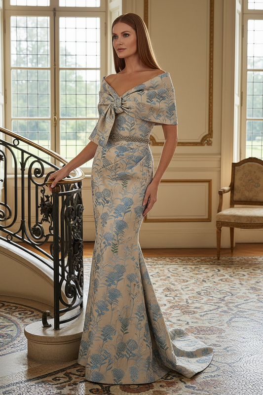 Off-the-Shoulder Jacquard Mermaid Evening Gown
