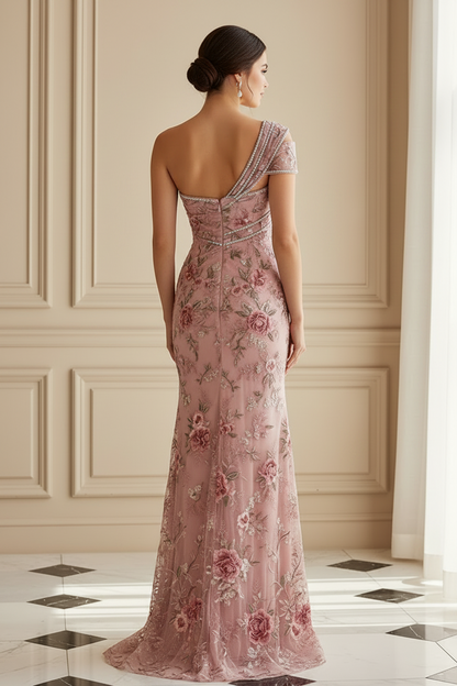 One-Shoulder Embroidered Evening Gown with High Slit